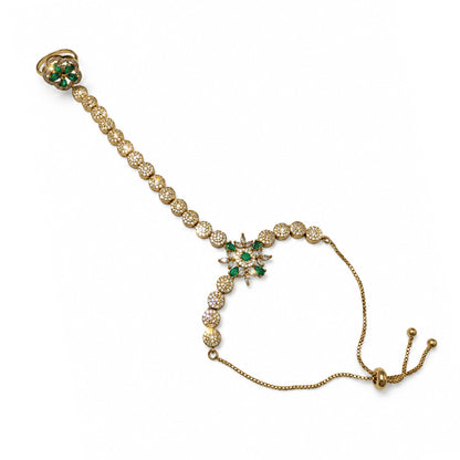 Green Floral Round-Stone Chain Hathphool - Mehndi Plated