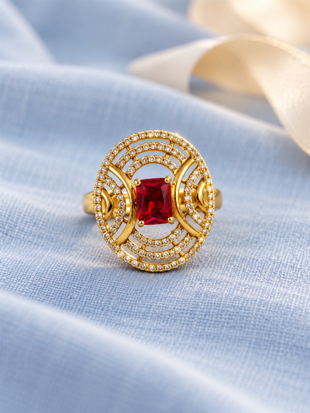 Red Stone Rectangular Stone Oval Halo Ring - Gold Plated, additional view 3