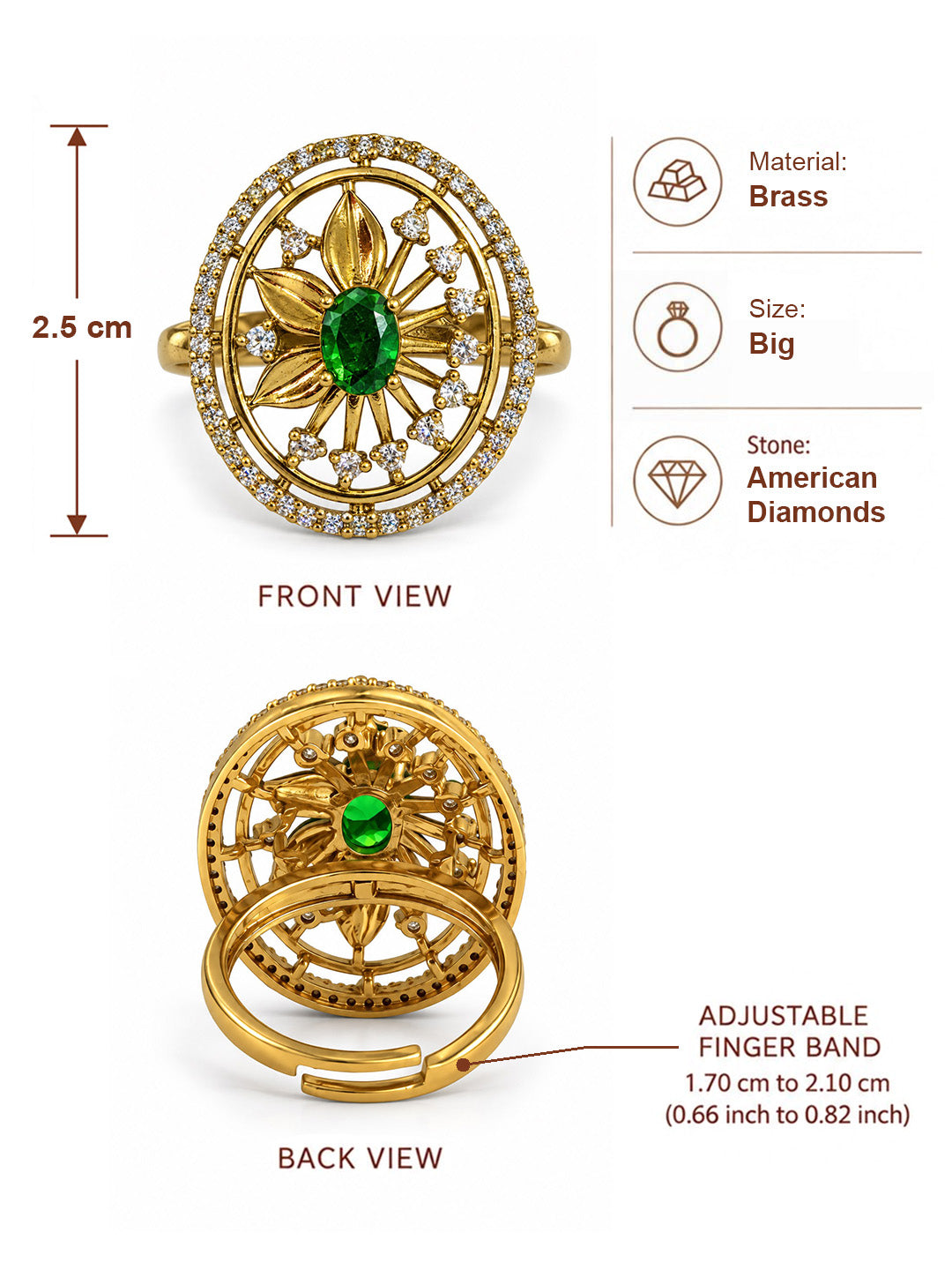 Green Stone Oval Sunburst Ring - Gold Plated, additional view 6