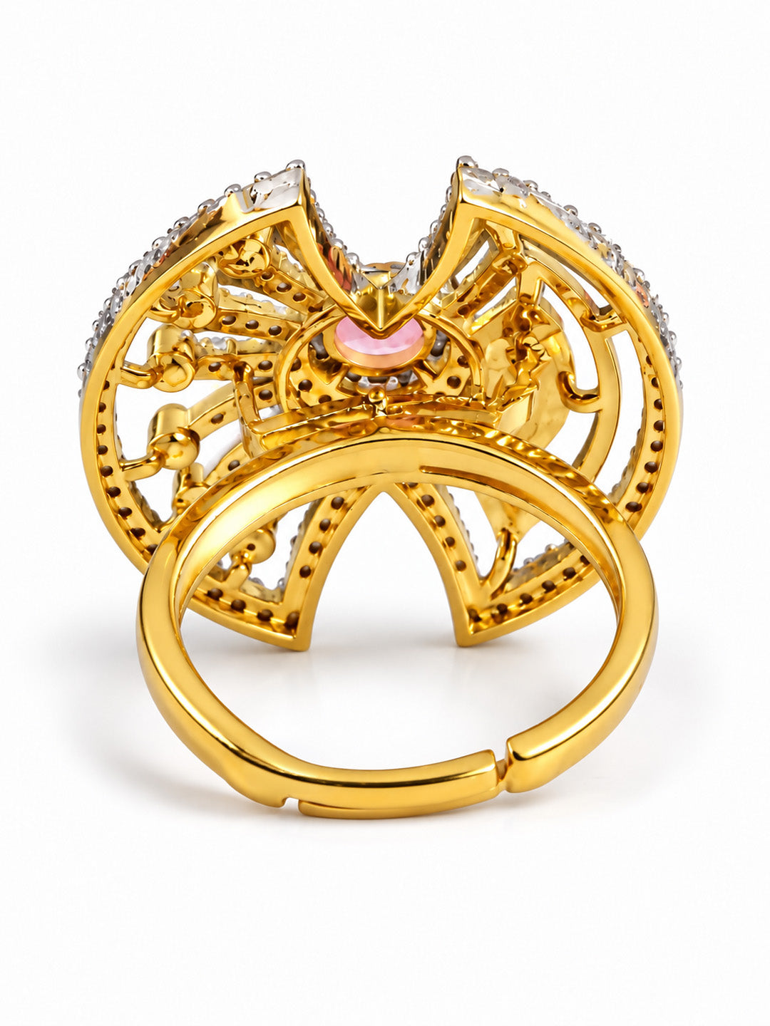 Pink Center Stone Fan Motif Ring - Gold Plated