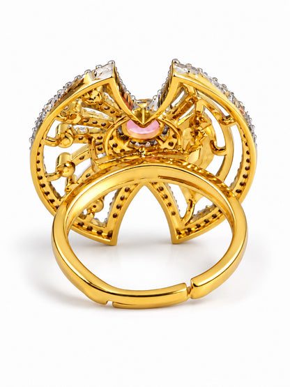 Pink Center Stone Fan Motif Ring - Gold Plated