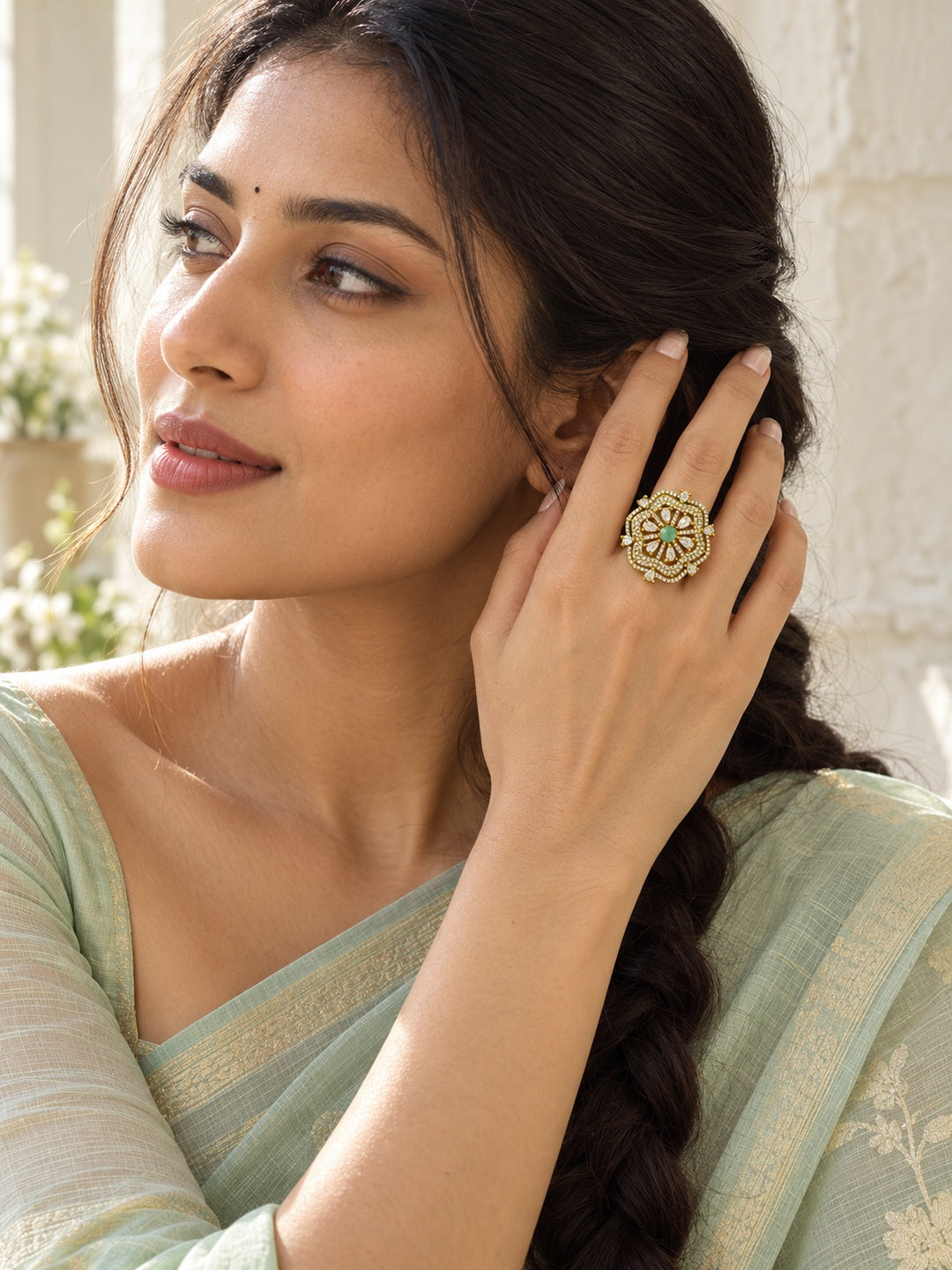 Mint Green Stone Scalloped Floral Halo Ring - Gold Plated, additional view 2