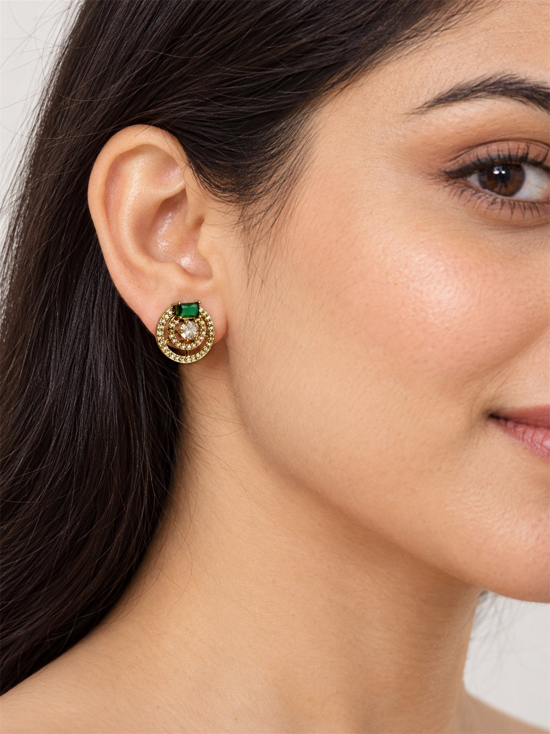 Green Stone Double Halo Stud Earrings, gold plated, model close-up