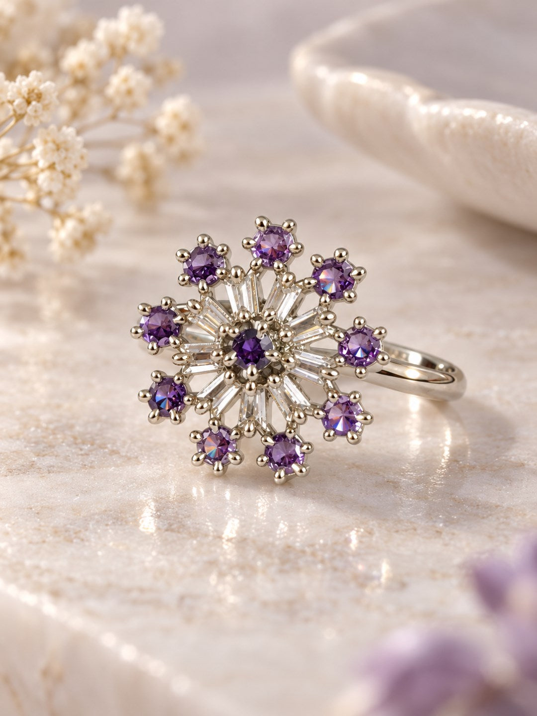 Lavender Floral Starburst Ring - Silver Plated