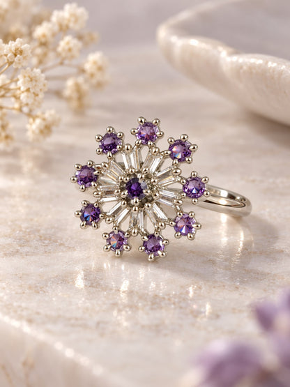 Lavender Floral Starburst Ring - Silver Plated