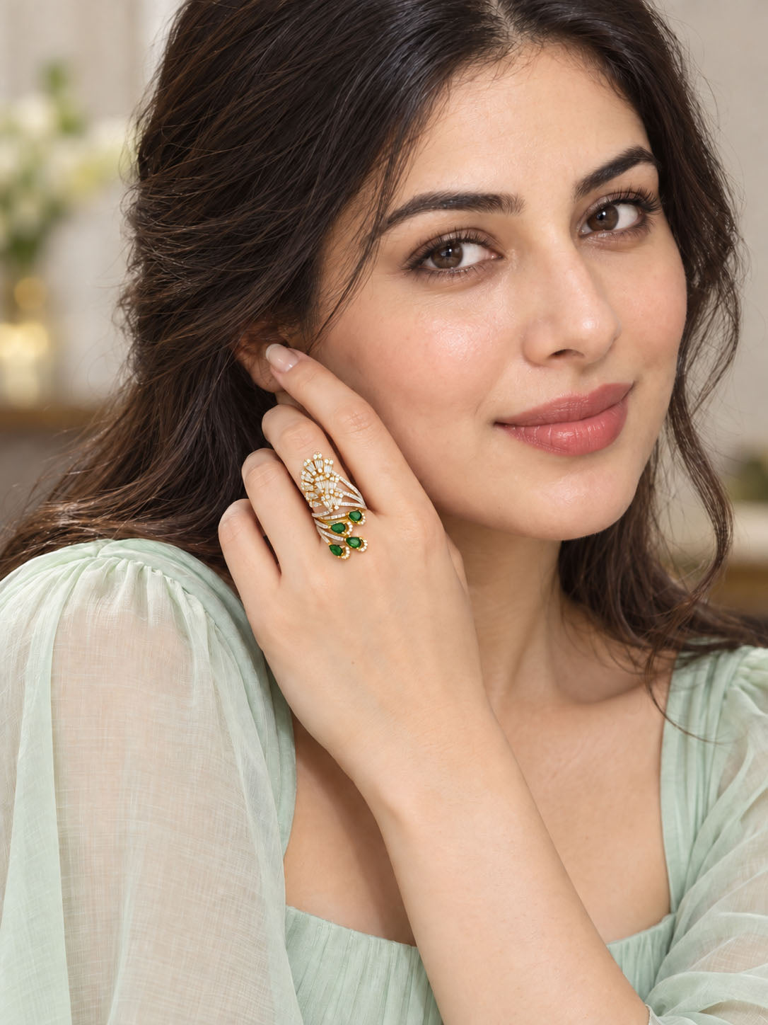 Gold Plated Green AD Adjustable Cocktail Ring For Women - model lifestyle