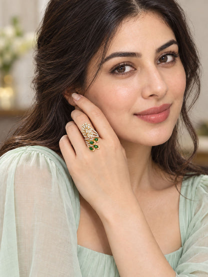 Gold Plated Green AD Adjustable Cocktail Ring For Women - model lifestyle