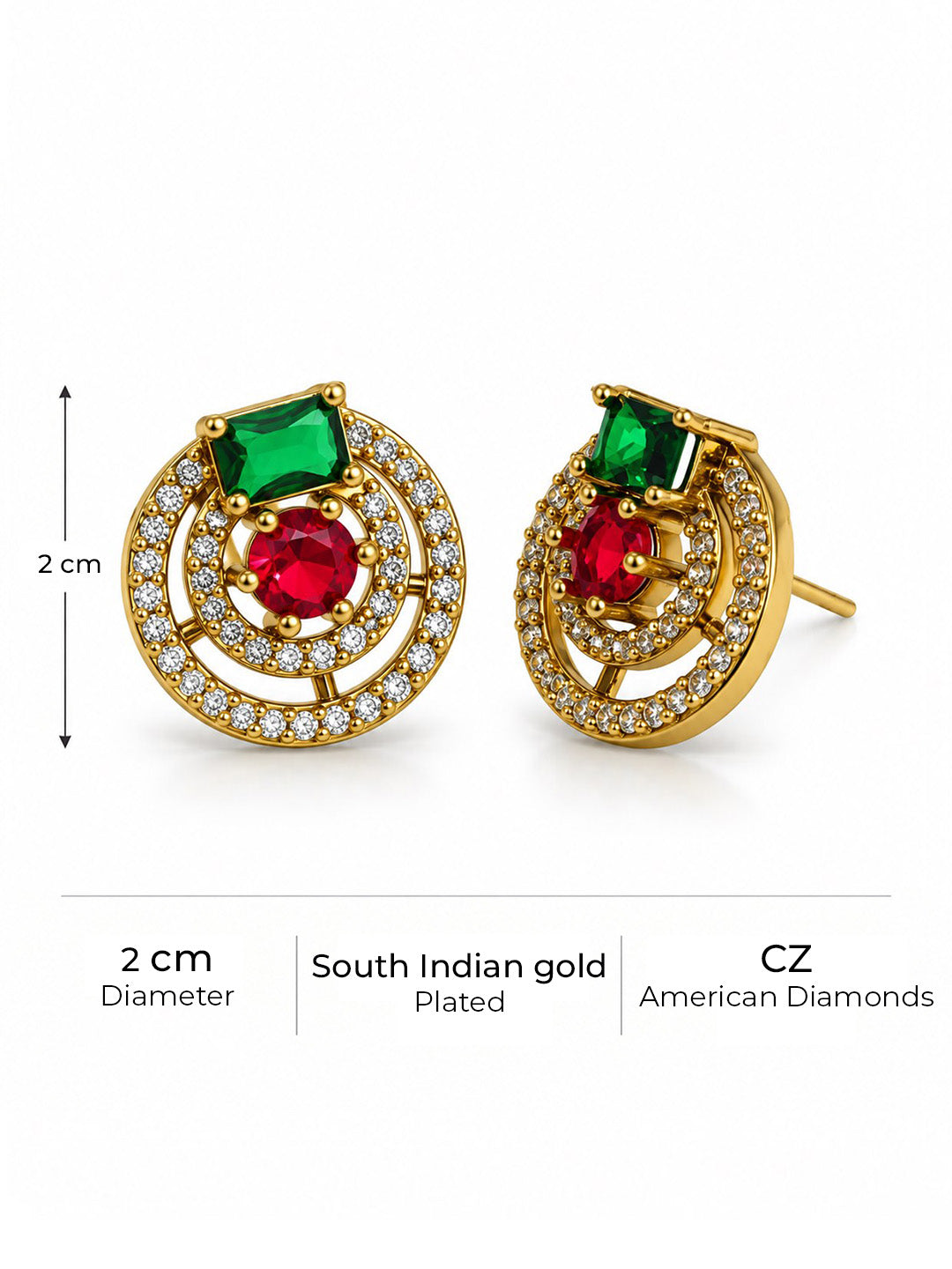 Green and Red Stone Double Halo Stud Earrings, gold plated, size and plating details