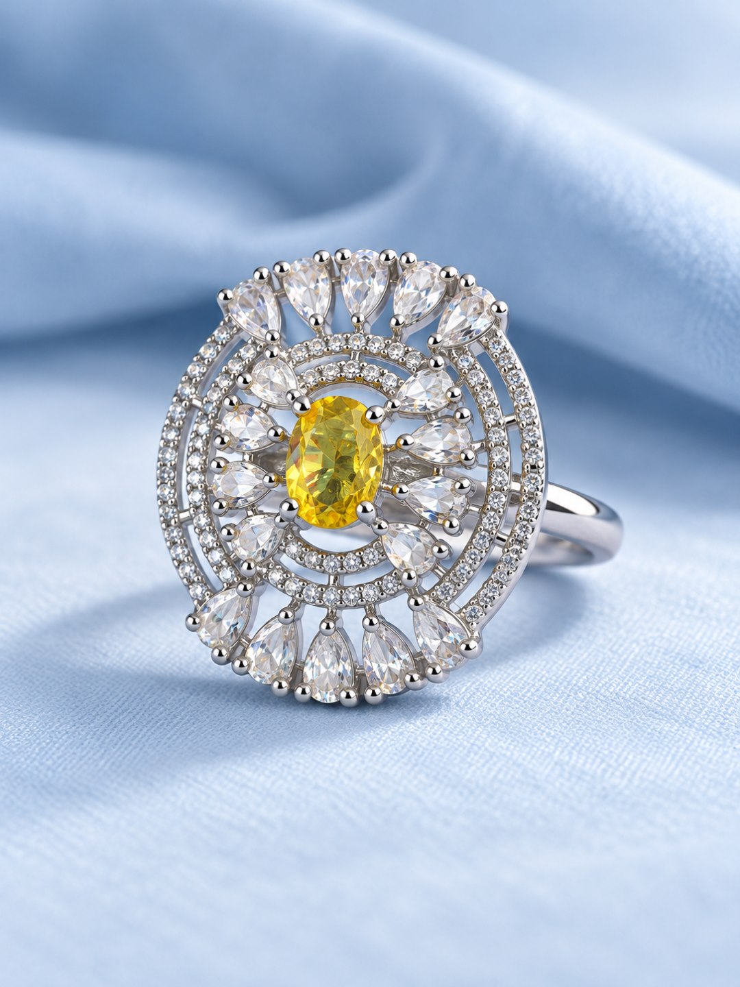 Yellow Oval Center Halo Ring - Silver Plated - alternate view