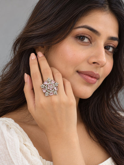 Pink Stone Ornate Floral Ring - Silver Plated worn on hand - close-up