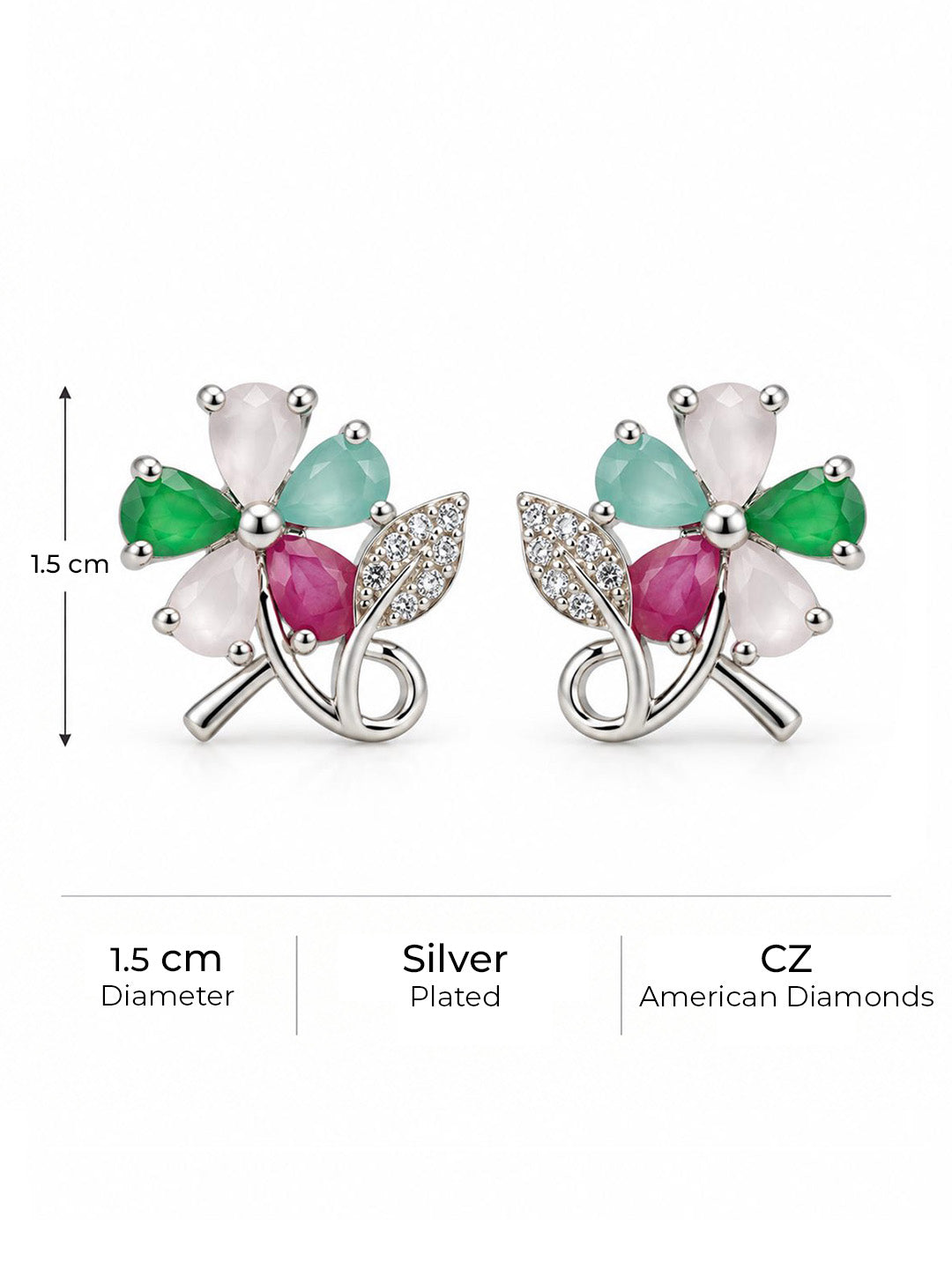 Multicolor Flower and Leaf Stud Earrings, silver plated, size and plating details