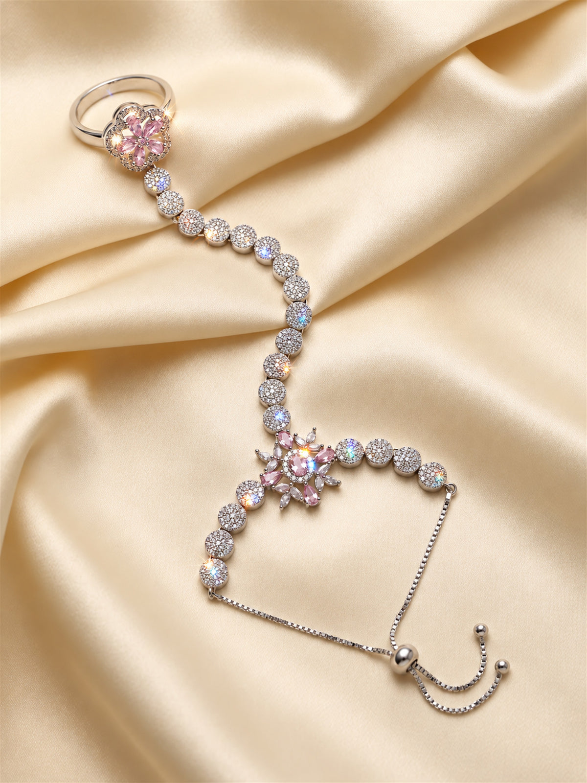 Pink silver-plated floral round-stone chain hathphool