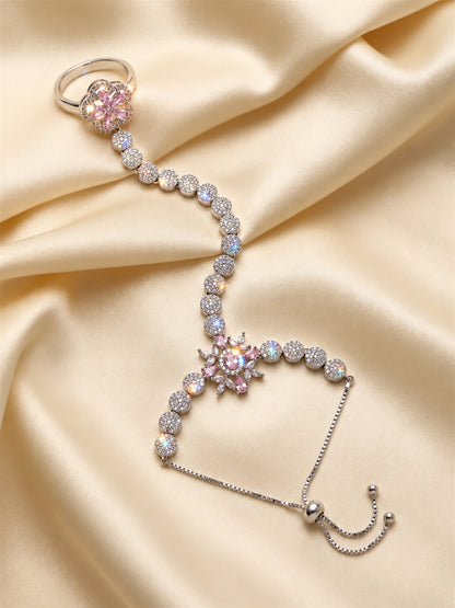 Pink silver-plated floral round-stone chain hathphool