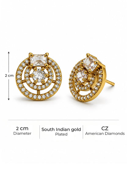Clear Stone Double Halo Stud Earrings, gold plated, size and plating details