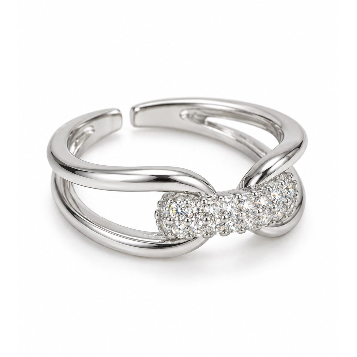 Clear Pave Knot Open Ring - Silver Plated