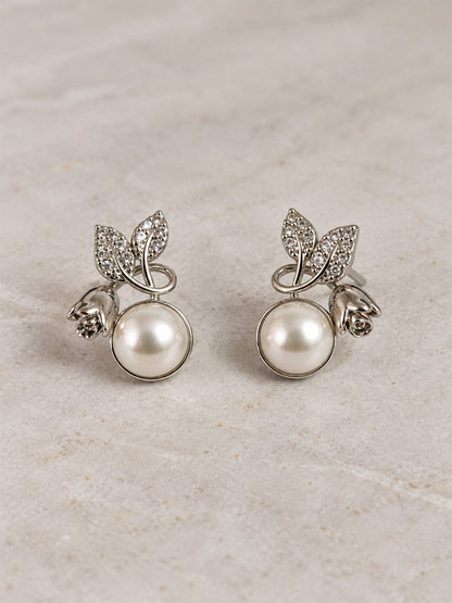 White Pearl-Effect Leaf Stud Earrings, silver plated, lifestyle view