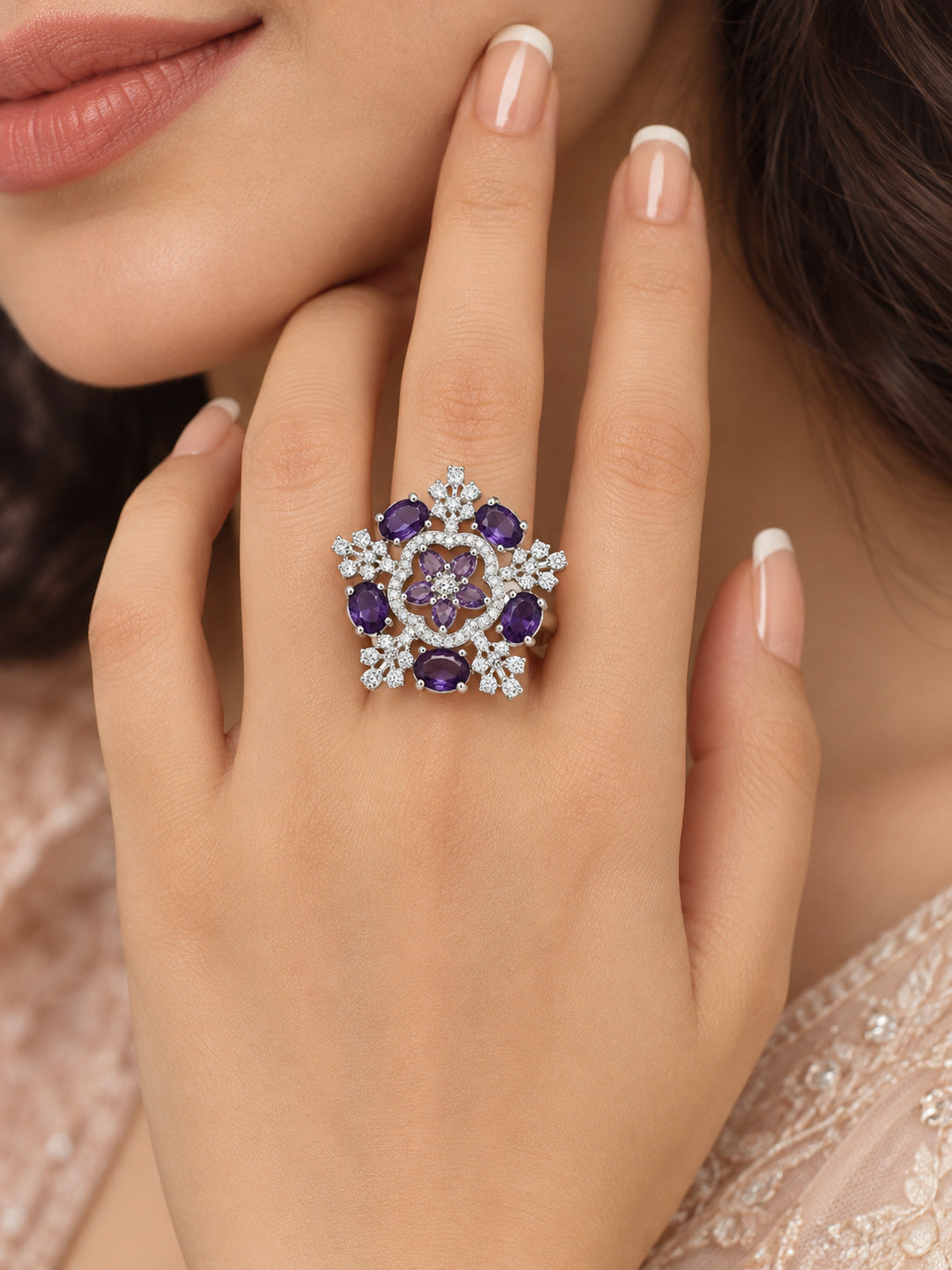 Purple Stone Ornate Floral Ring - Silver Plated worn on hand - close-up