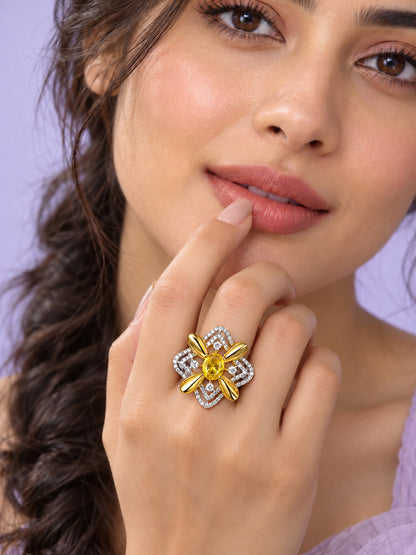Yellow Center Stone Four-Petal Floral Ring - Gold Plated - model close-up