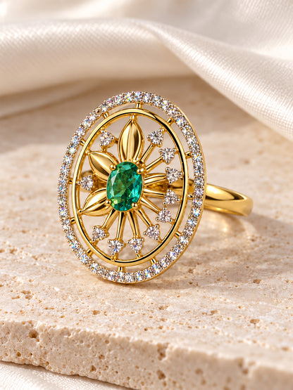 Sea Green Center Stone Oval Sunburst Ring - Gold Plated
