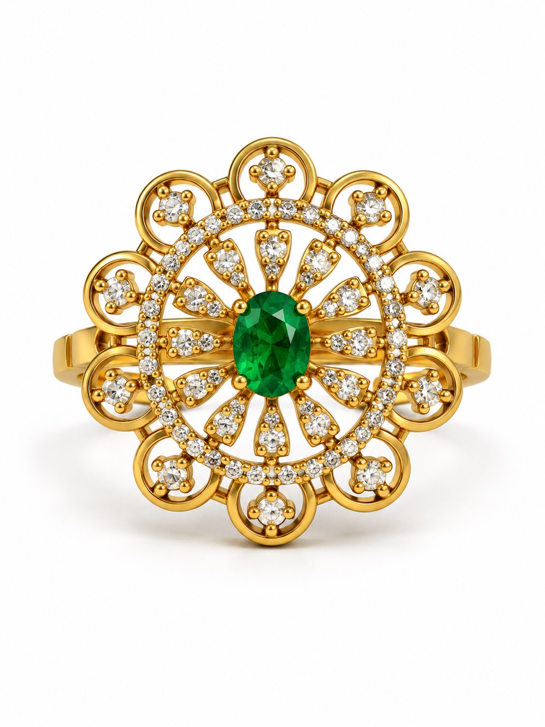 Green Stone Scalloped Sunburst Ring - Gold Plated, additional view 4