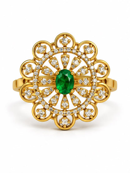 Green Stone Scalloped Sunburst Ring - Gold Plated, additional view 4