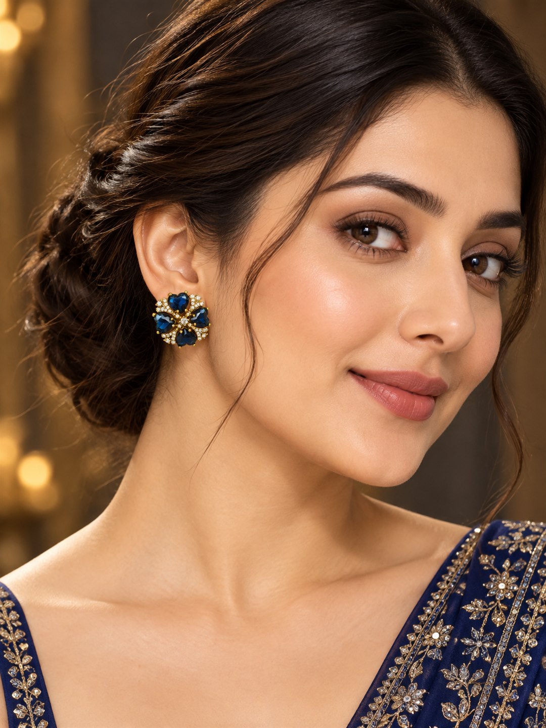 Blue Four Heart Floral Stud Earrings - Gold Plated