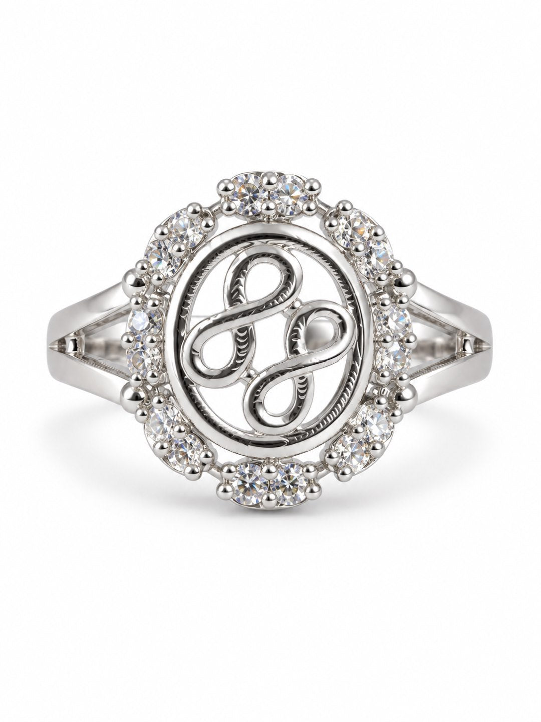 Clear Oval Halo Scroll Ring - Silver Plated