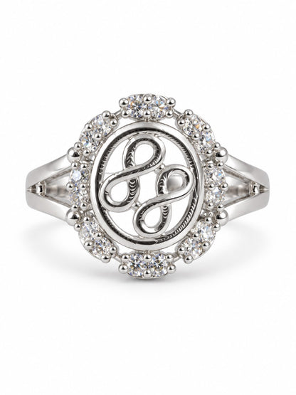 Clear Oval Halo Scroll Ring - Silver Plated