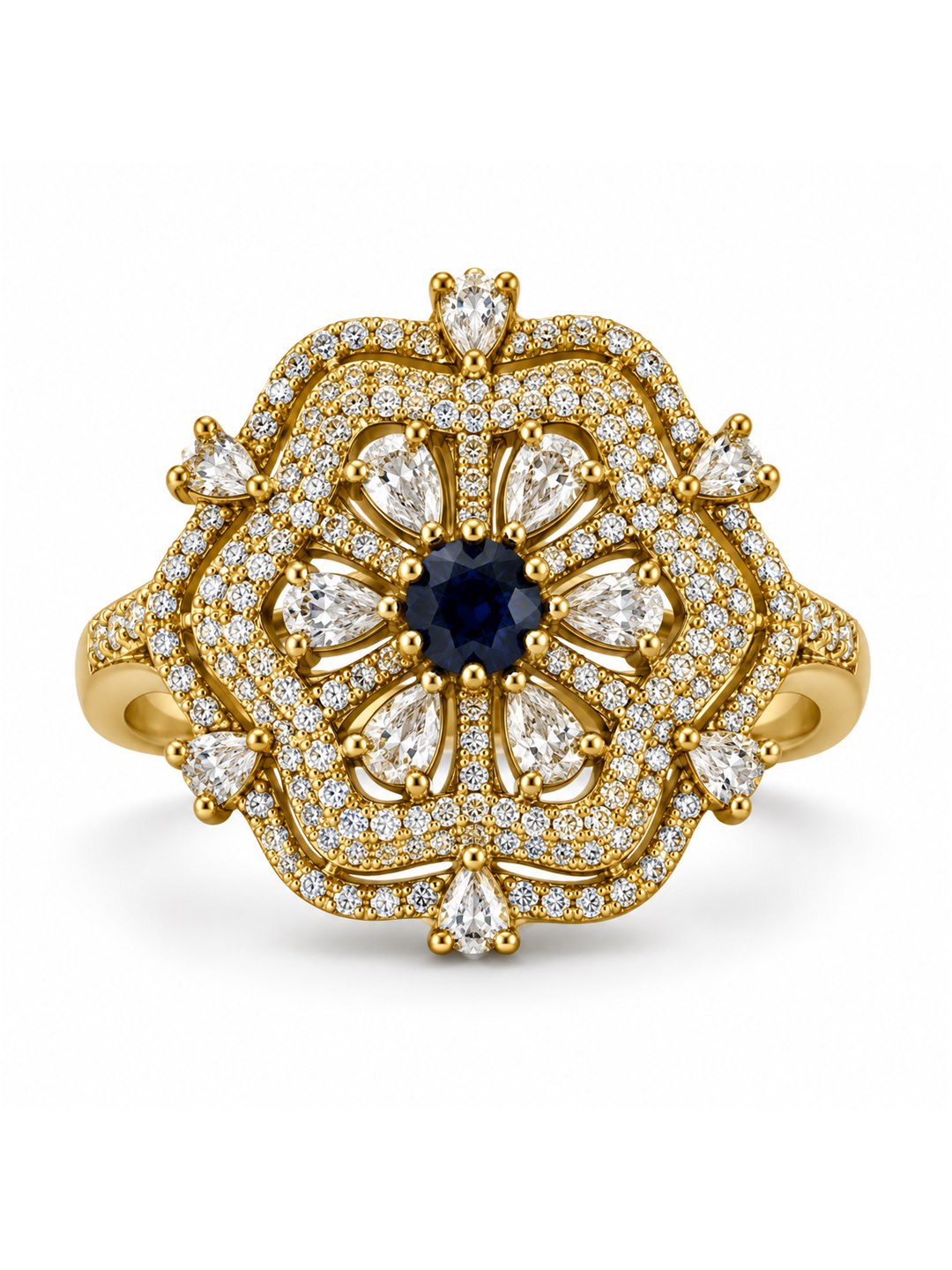 Blue Stone Scalloped Floral Halo Ring - Gold Plated, additional view 5