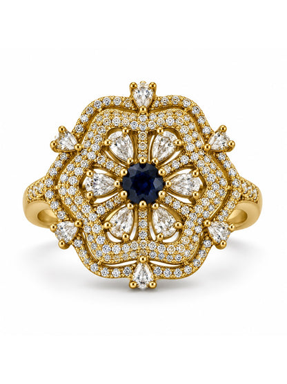Blue Stone Scalloped Floral Halo Ring - Gold Plated, additional view 5