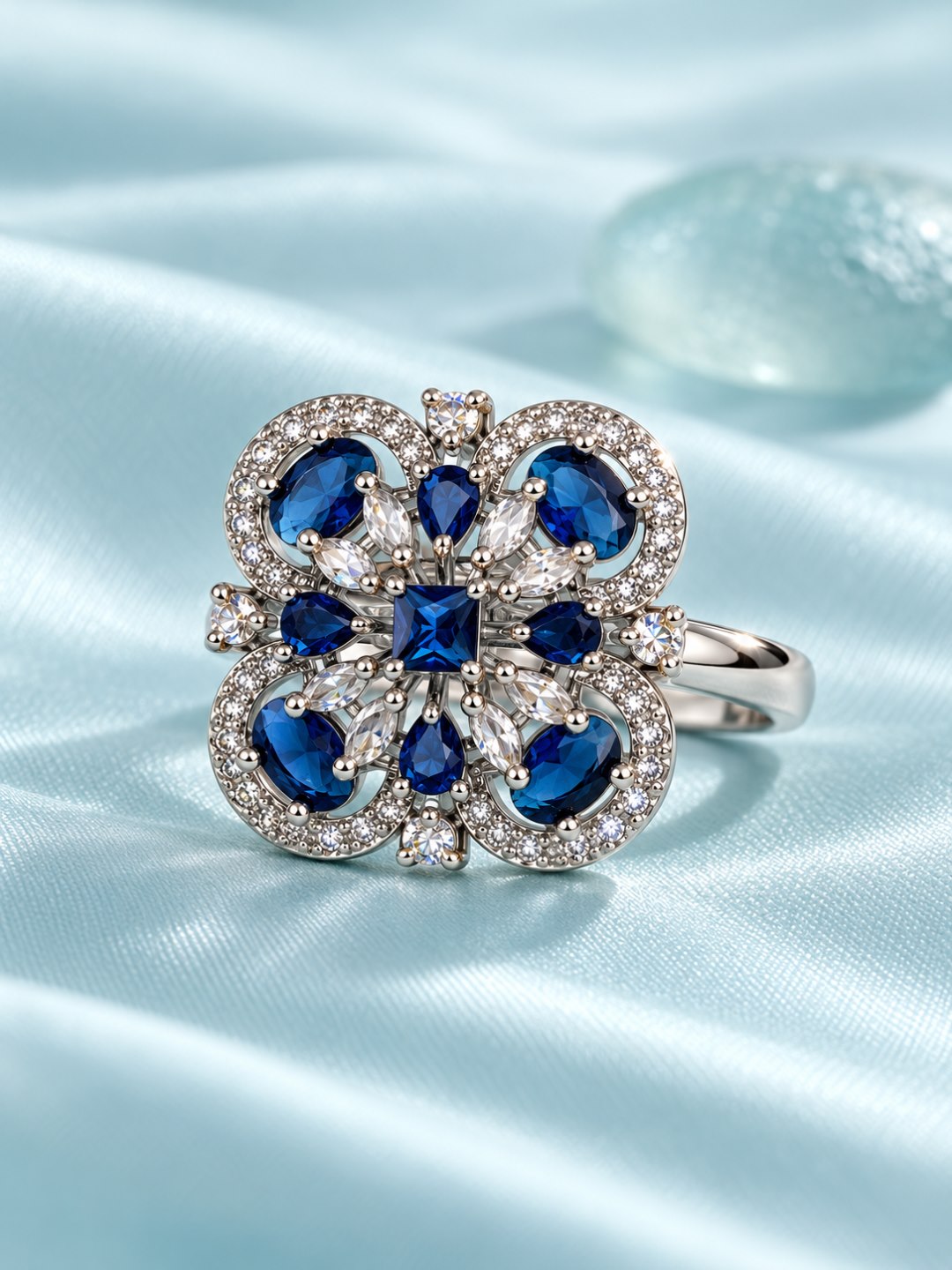 Blue Square Center Quatrefoil Ring - Silver Plated - alternate view