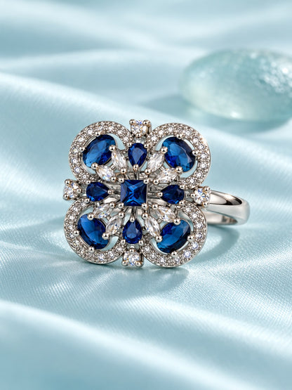 Blue Square Center Quatrefoil Ring - Silver Plated - alternate view