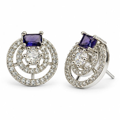 Purple Stone Double Halo Stud Earrings, silver plated