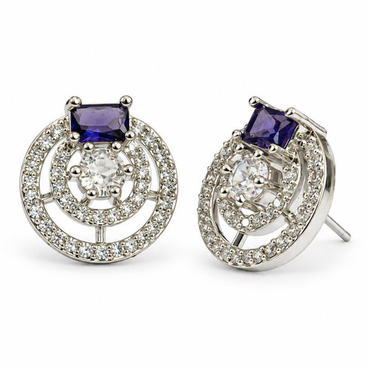 Purple Stone Double Halo Stud Earrings, silver plated