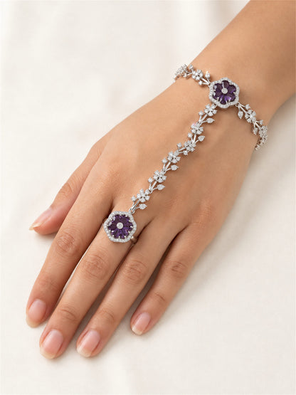Purple silver-plated floral marquise-stone chain hathphool worn on hand