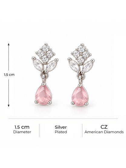 Pink Teardrop Floral Drop Earrings - Silver Plated, additional view 5