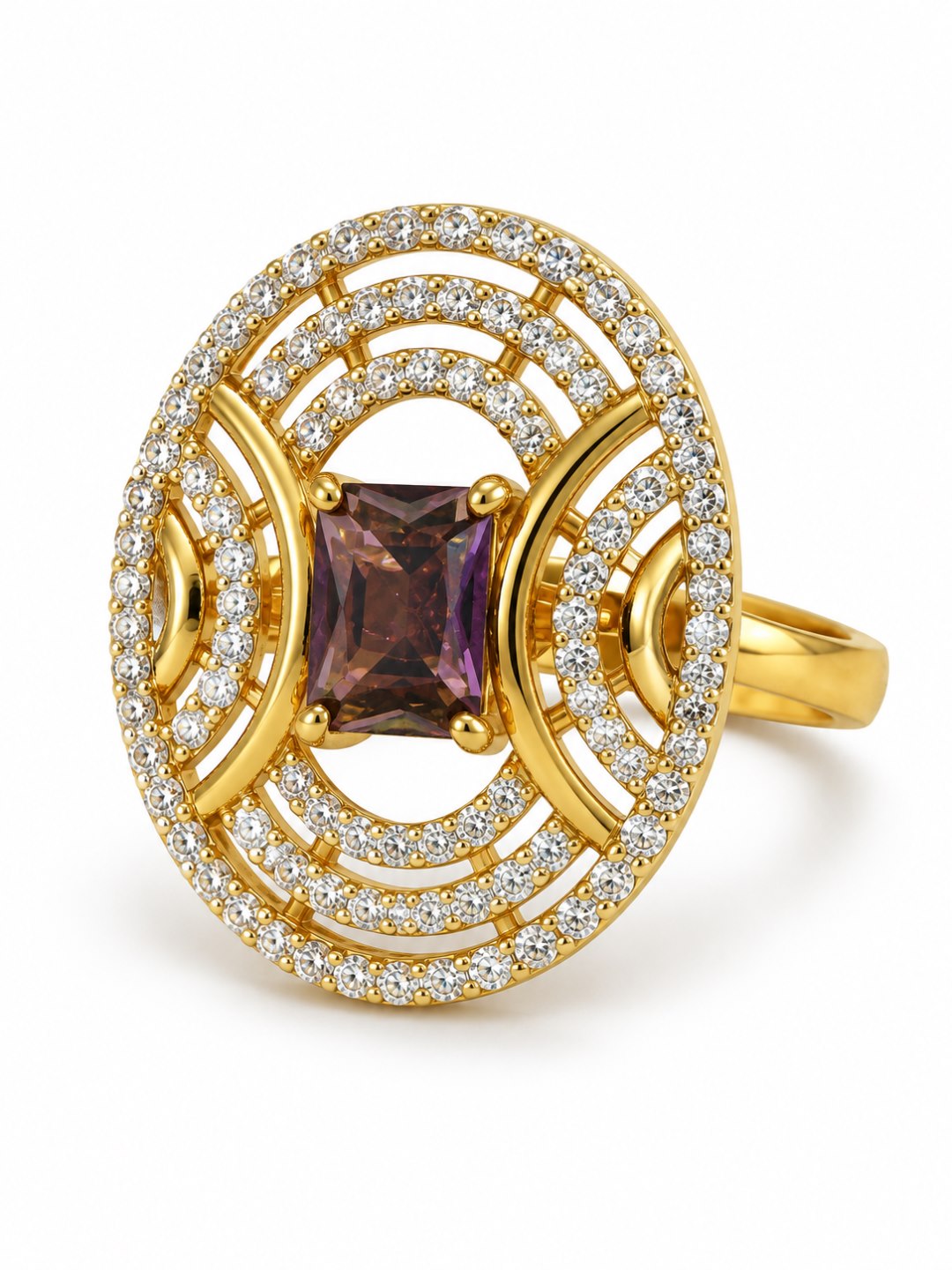 Purple Center Stone Oval Geometric Halo Ring - Gold Plated