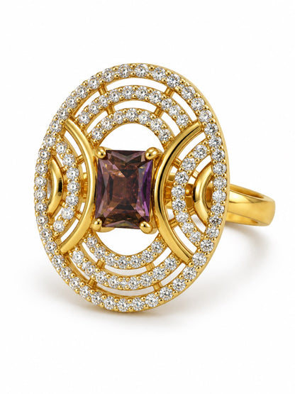 Purple Center Stone Oval Geometric Halo Ring - Gold Plated