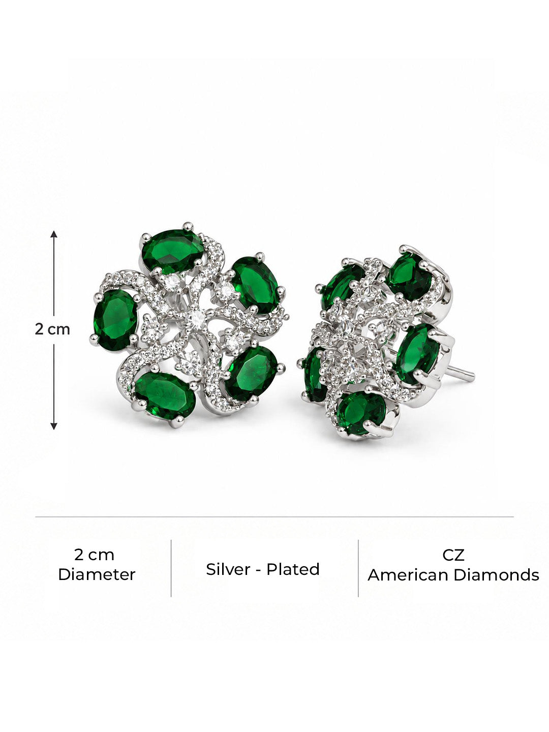Green five-stone floral halo silver-plated stud earrings