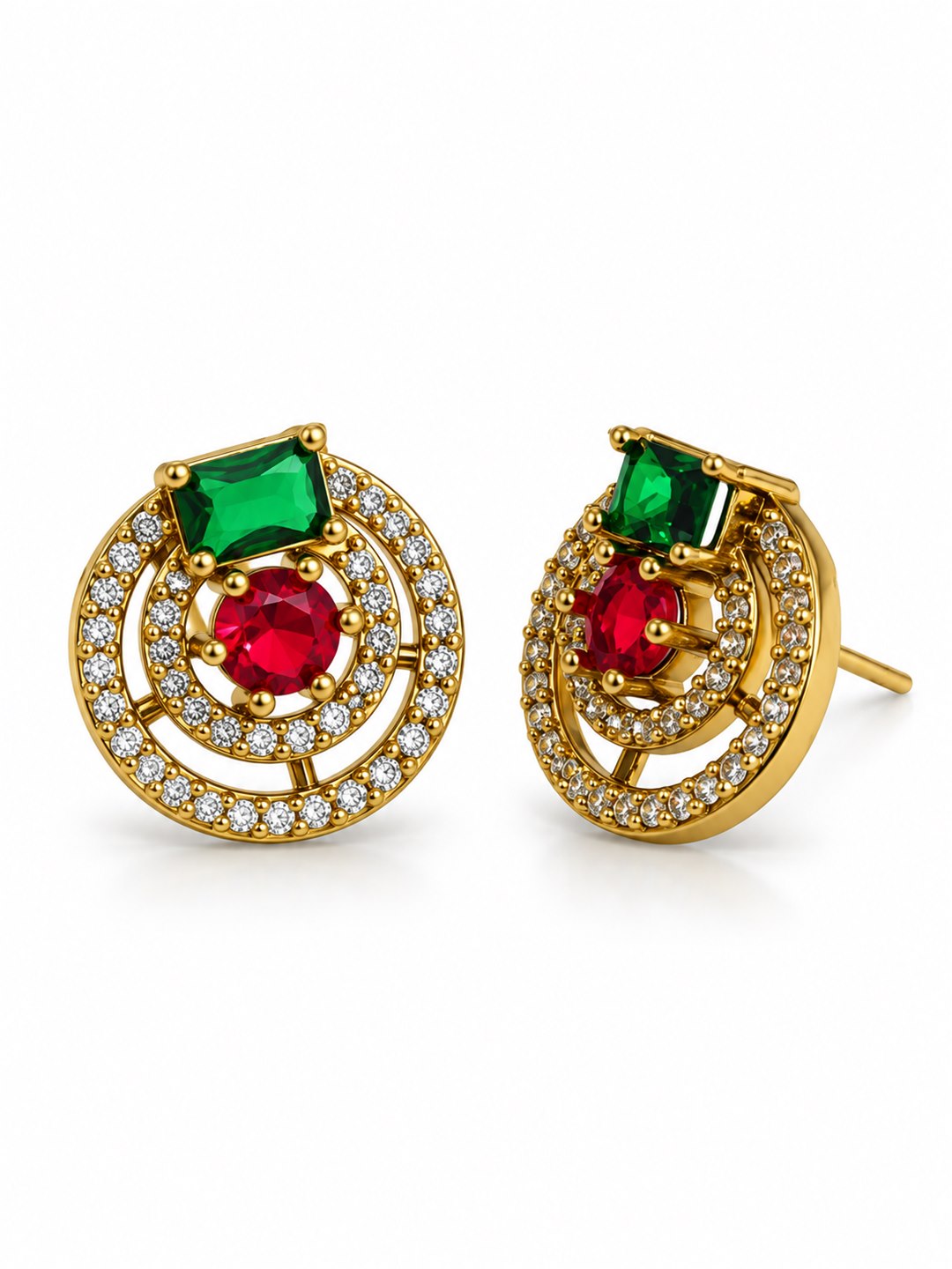 Green and Red Stone Double Halo Stud Earrings, gold plated, alternate product view