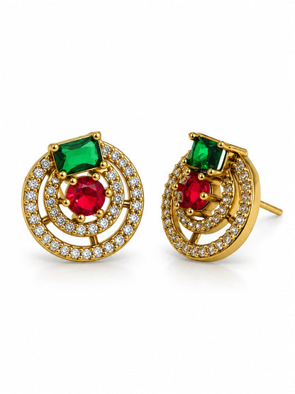 Green and Red Stone Double Halo Stud Earrings, gold plated, alternate product view