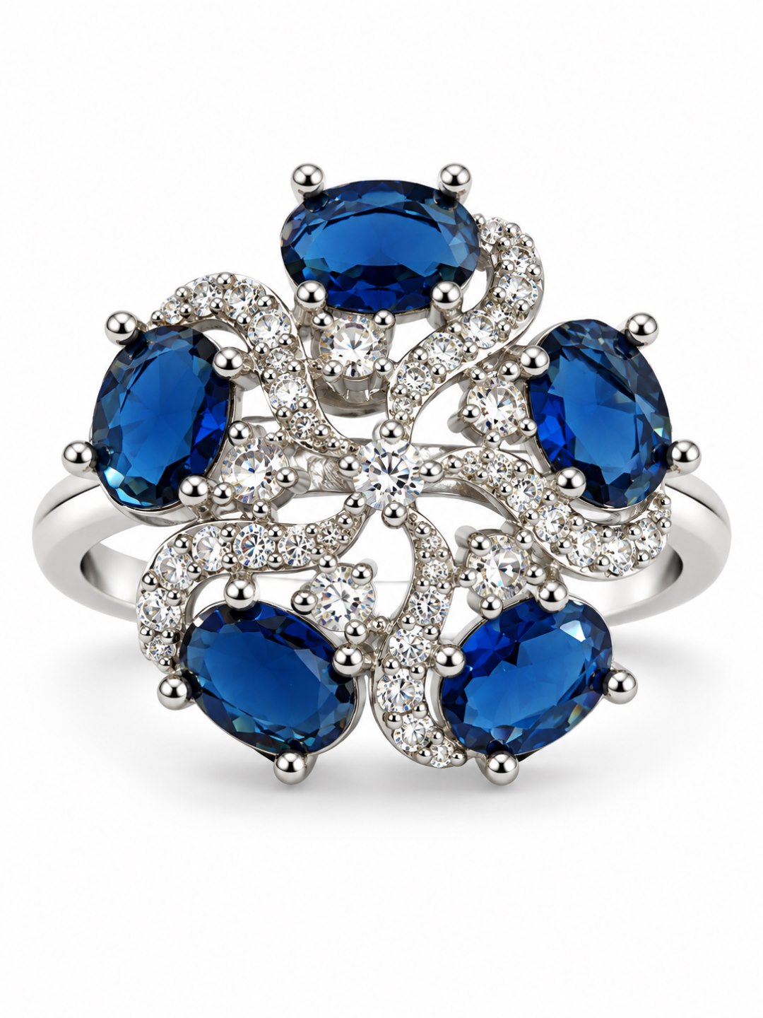 Blue Oval Stone Floral Ring - Silver Plated - alternate view
