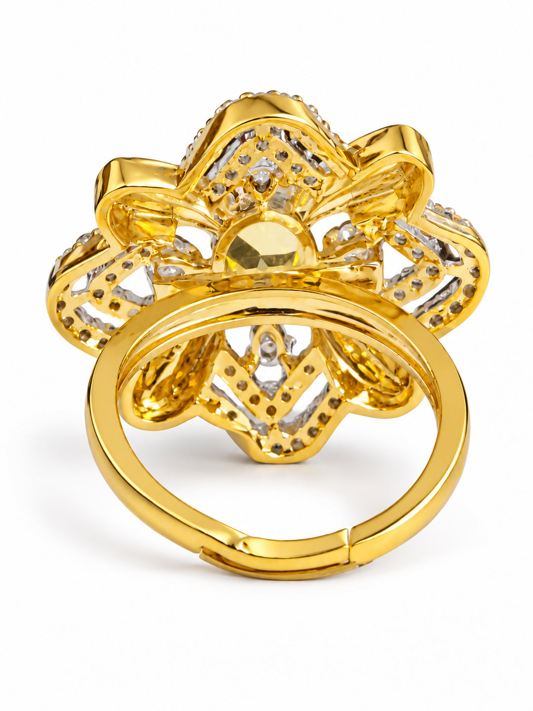 Yellow Center Stone Four-Petal Floral Ring - Gold Plated