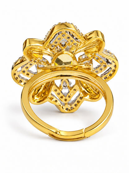 Yellow Center Stone Four-Petal Floral Ring - Gold Plated