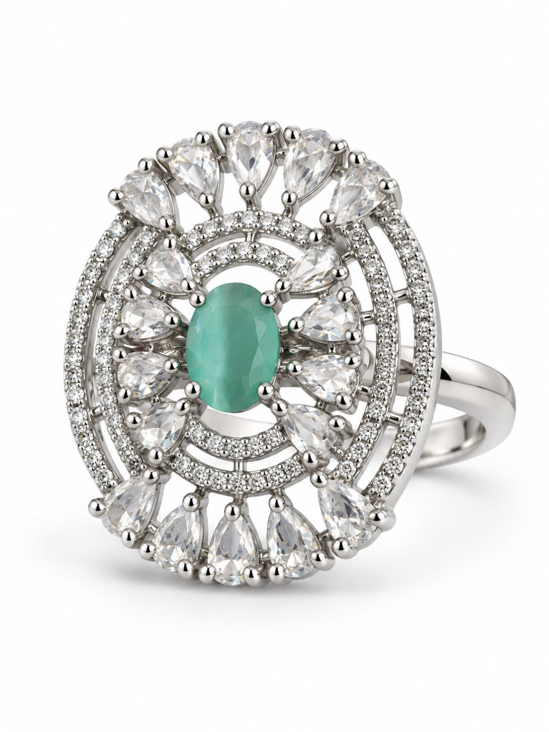 Mint Green Oval Center Halo Ring - Silver Plated - alternate view