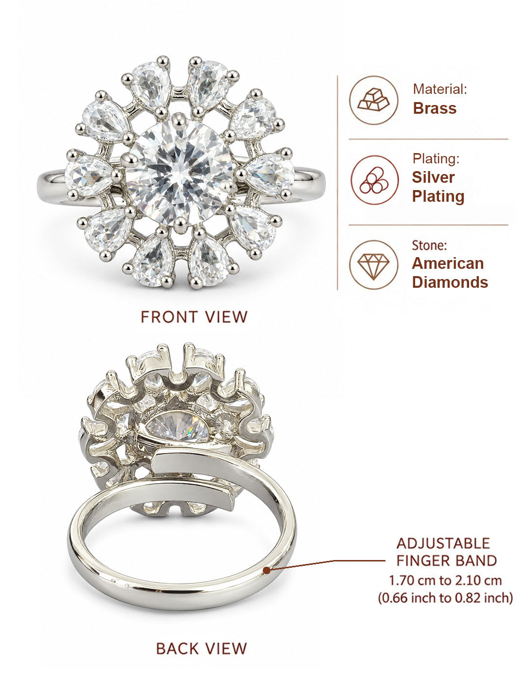 Silver Plated Floral AD Adjustable Ring For Women - dimensions and product details