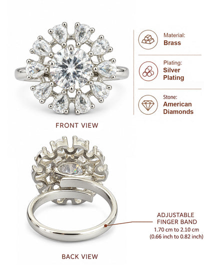 Silver Plated Floral AD Adjustable Ring For Women - dimensions and product details