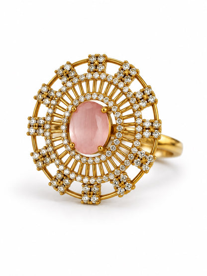 Pink Stone Oval Baguette Halo Ring - Gold Plated, additional view 1