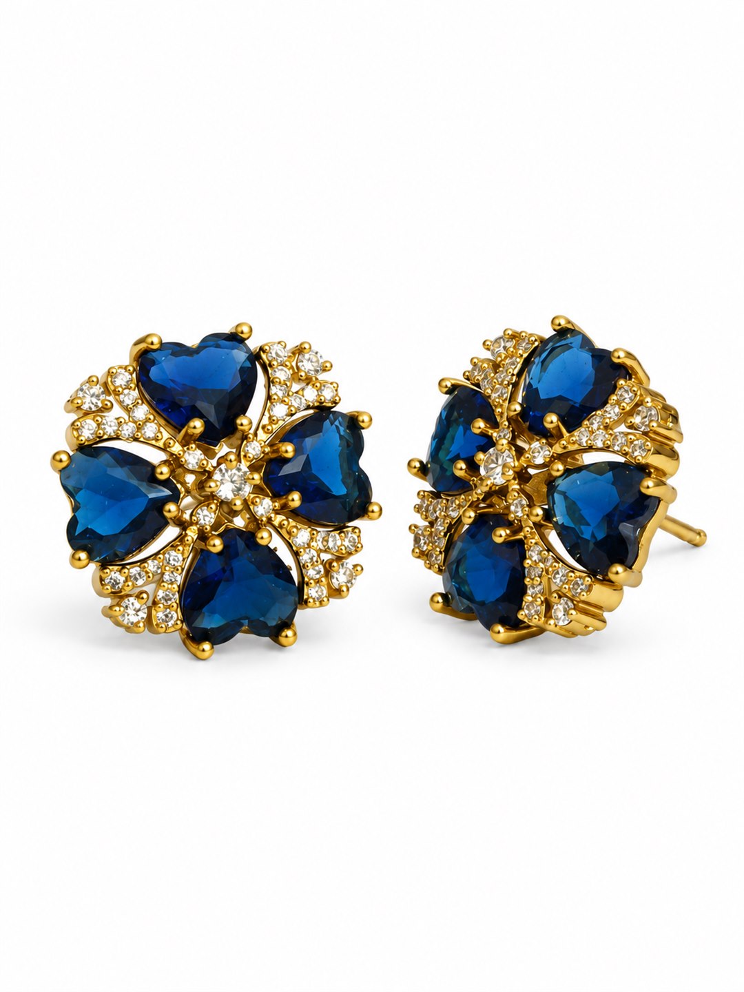 Blue Four Heart Floral Stud Earrings - Gold Plated