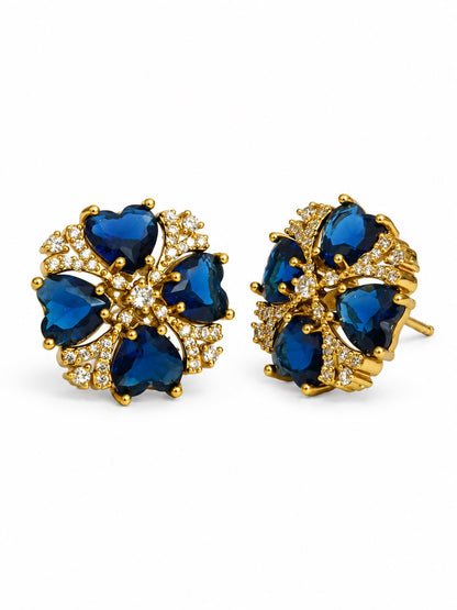 Blue Four Heart Floral Stud Earrings - Gold Plated